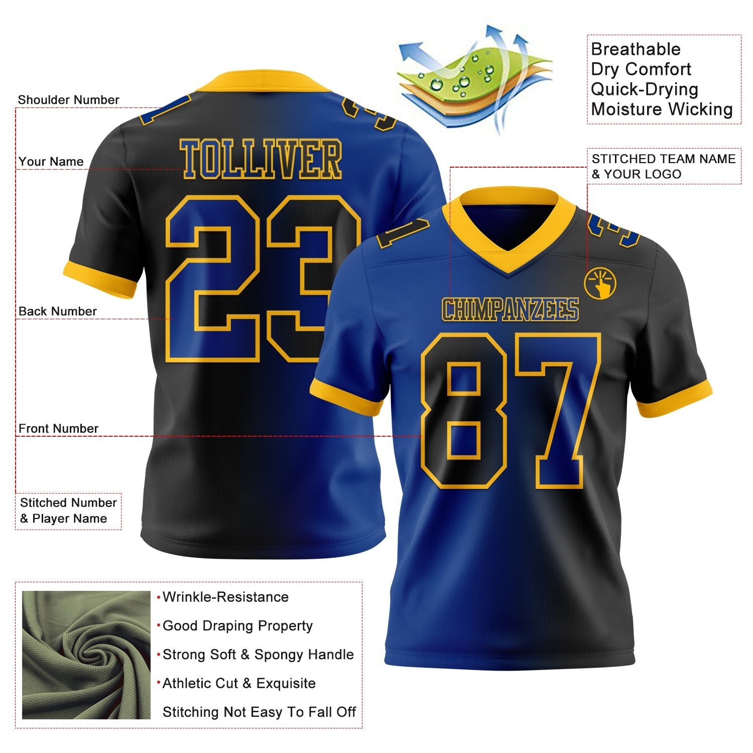 Custom Black Royal-Gold Authentic Gradient Fashion Football Jersey photo 2