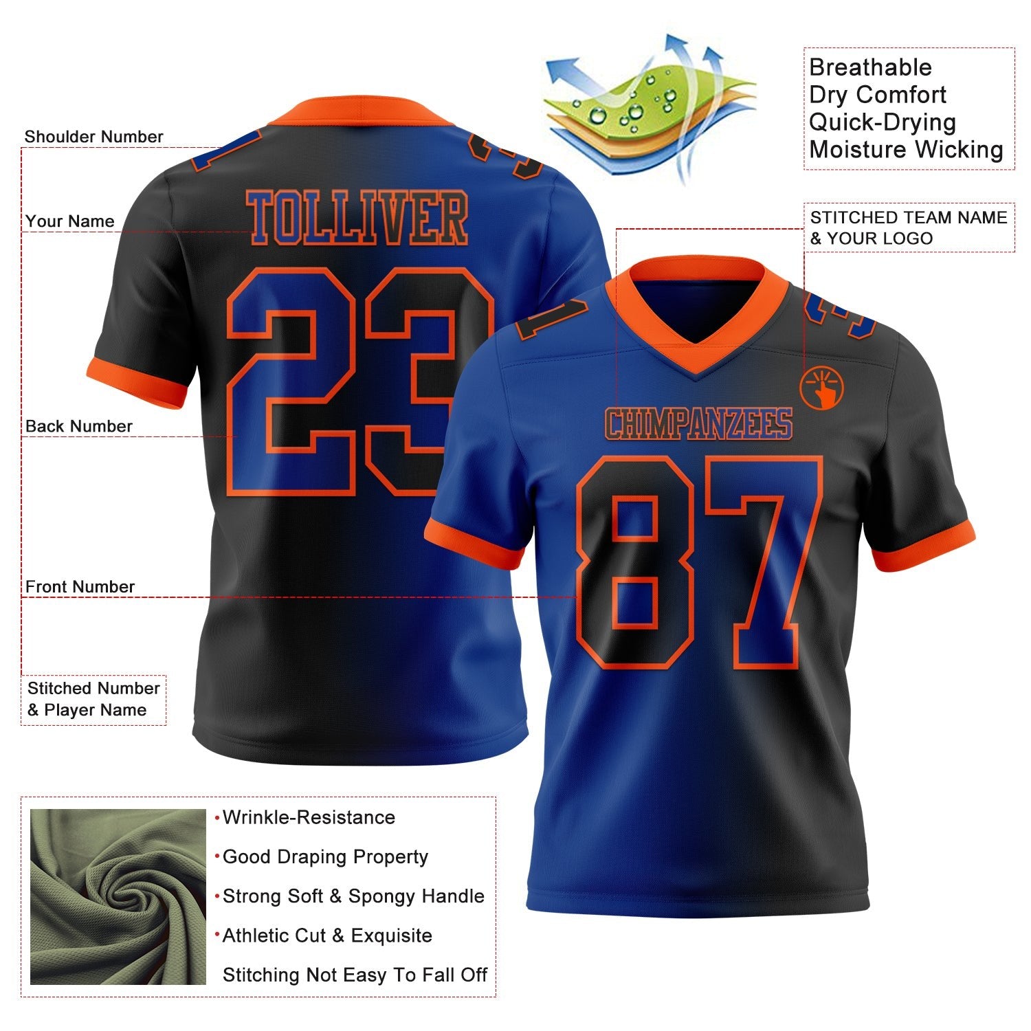 Custom Black Royal-Orange Authentic Gradient Fashion Football Jersey photo 2