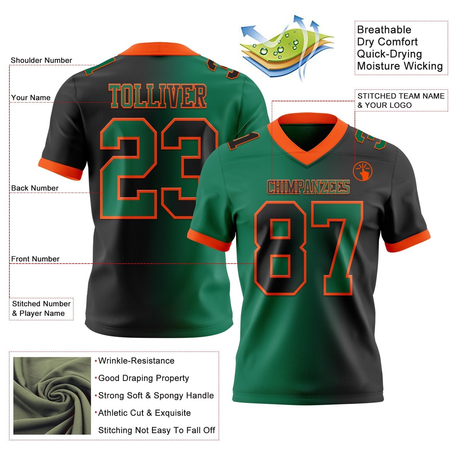 Custom Black Kelly Green-Orange Authentic Gradient Fashion Football Jersey photo 2