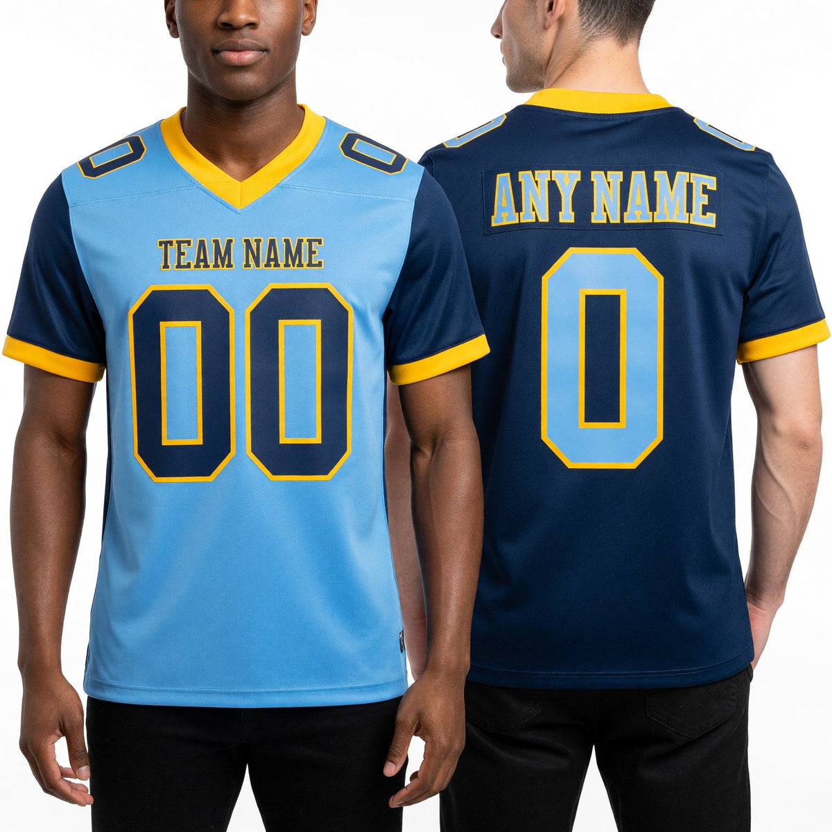 Custom Navy Light Blue-Gold Authentic Gradient Fashion Football Jersey worn front and back