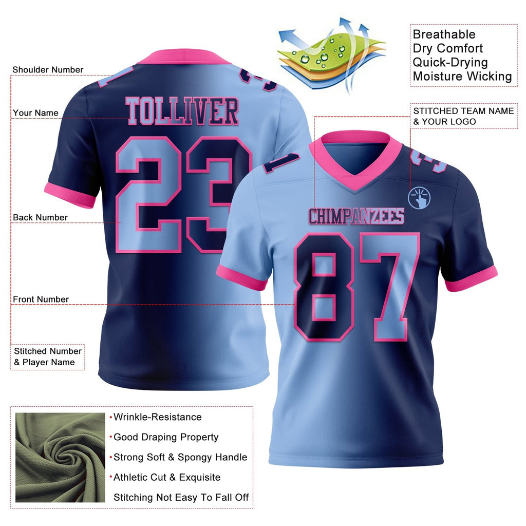 Custom Navy Light Blue-Pink Authentic Gradient Fashion Football Jersey photo 2