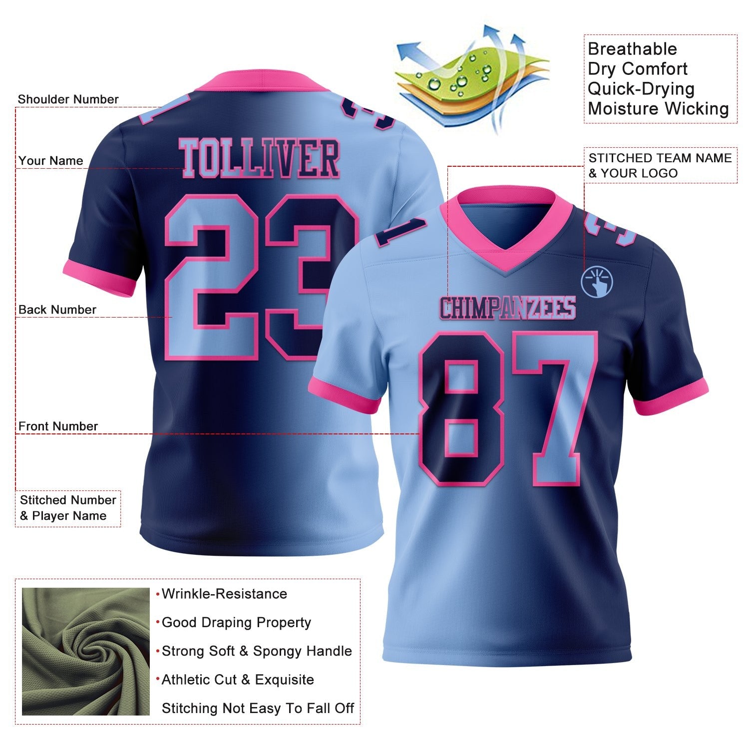 Custom Navy Light Blue-Pink Authentic Gradient Fashion Football Jersey photo 2