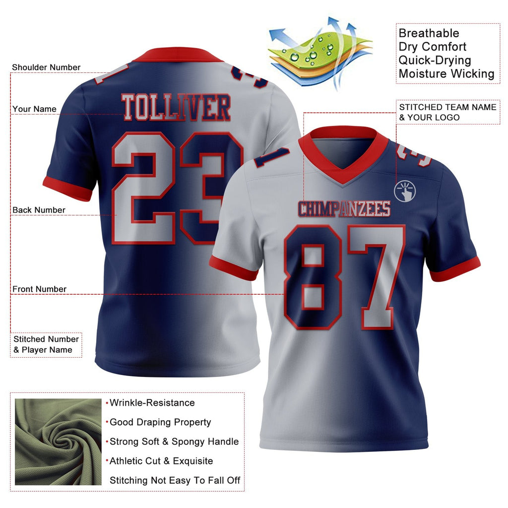 Custom Navy Gray-Red Authentic Gradient Fashion Football Jersey photo 2