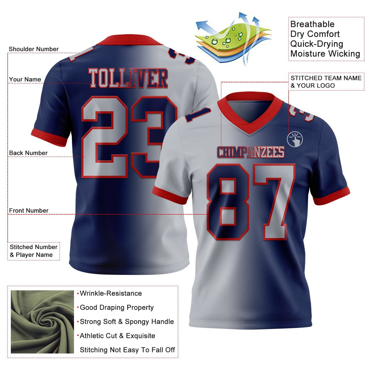 Custom Navy Gray-Red Authentic Gradient Fashion Football Jersey photo 2
