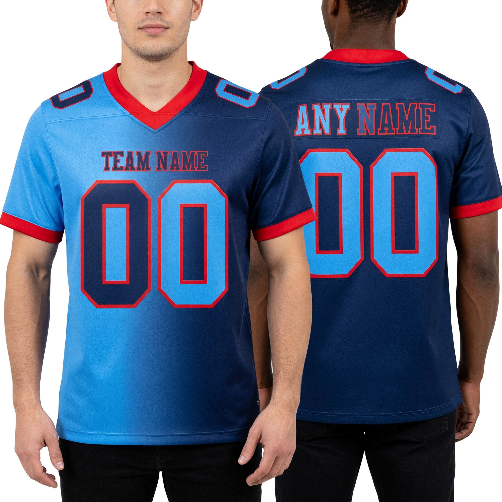 Custom Navy Powder Blue-Red Authentic Gradient Fashion Football Jersey worn front and back
