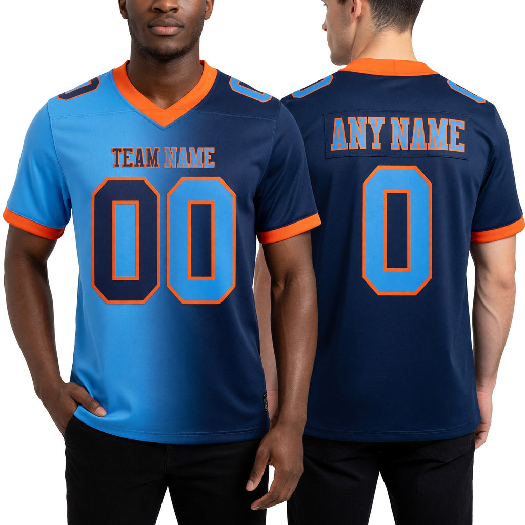 Custom Navy Powder Blue-Orange Authentic Gradient Fashion Football Jersey worn front and back