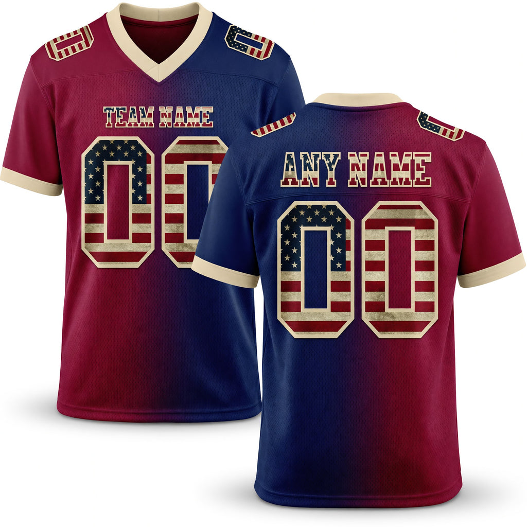 Custom Navy Vintage USA Flag Maroon-Cream Authentic Gradient Fashion Football Jersey