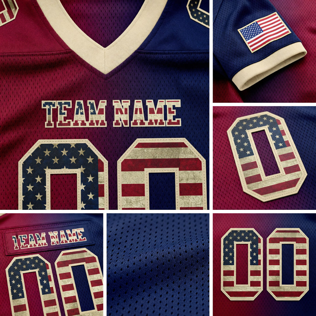 Custom Navy Vintage USA Flag Maroon-Cream Authentic Gradient Fashion Football Jersey detail