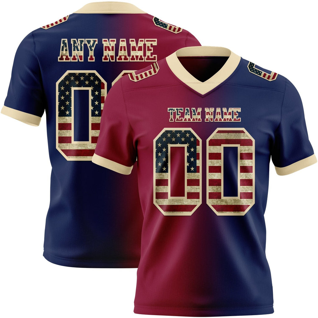 Custom Navy Vintage USA Flag Maroon-Cream Authentic Gradient Fashion Football Jersey photo 1
