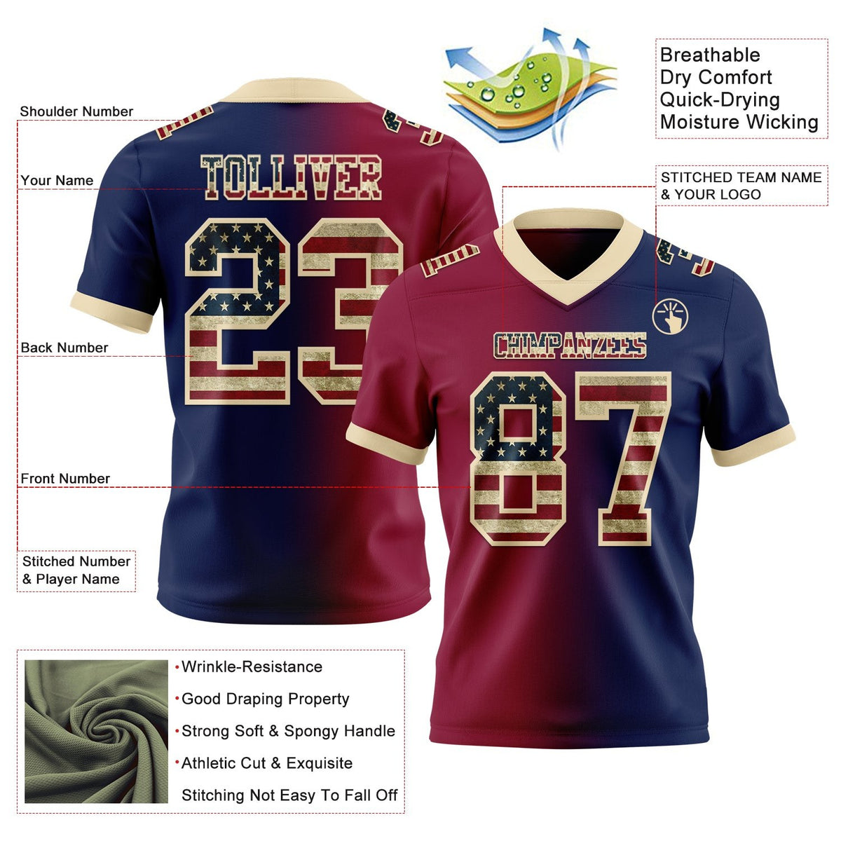 Custom Navy Vintage USA Flag Maroon-Cream Authentic Gradient Fashion Football Jersey photo 2