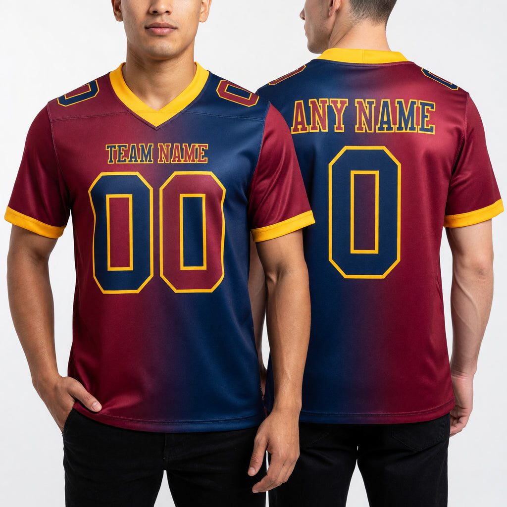 Custom Navy Maroon-Gold Authentic Gradient Fashion Football Jersey worn front and back