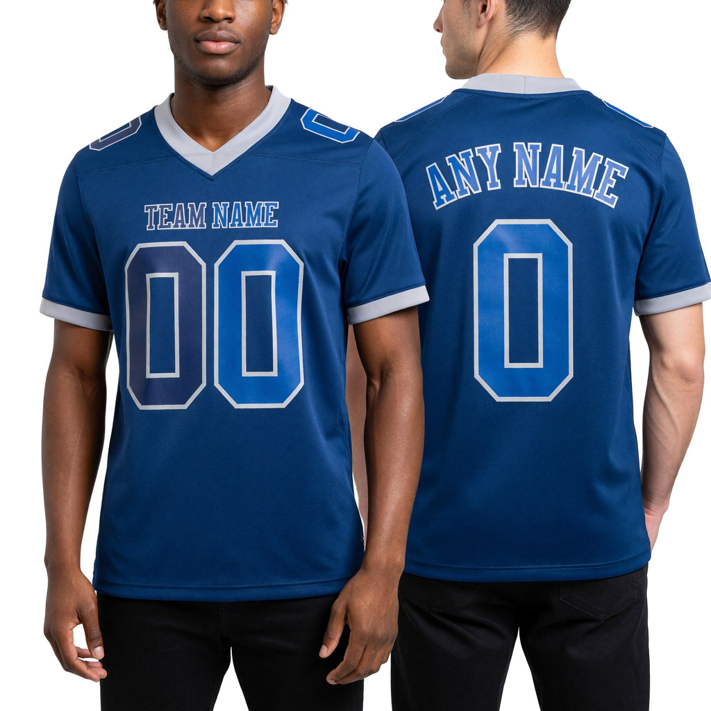 Custom Navy Royal-Gray Authentic Gradient Fashion Football Jersey worn front and back