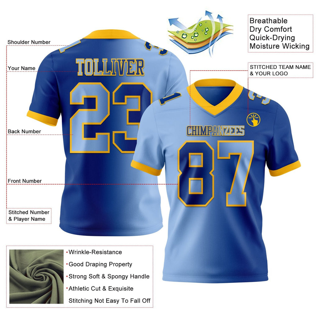 Custom Royal Light Blue-Gold Authentic Gradient Fashion Football Jersey photo 2