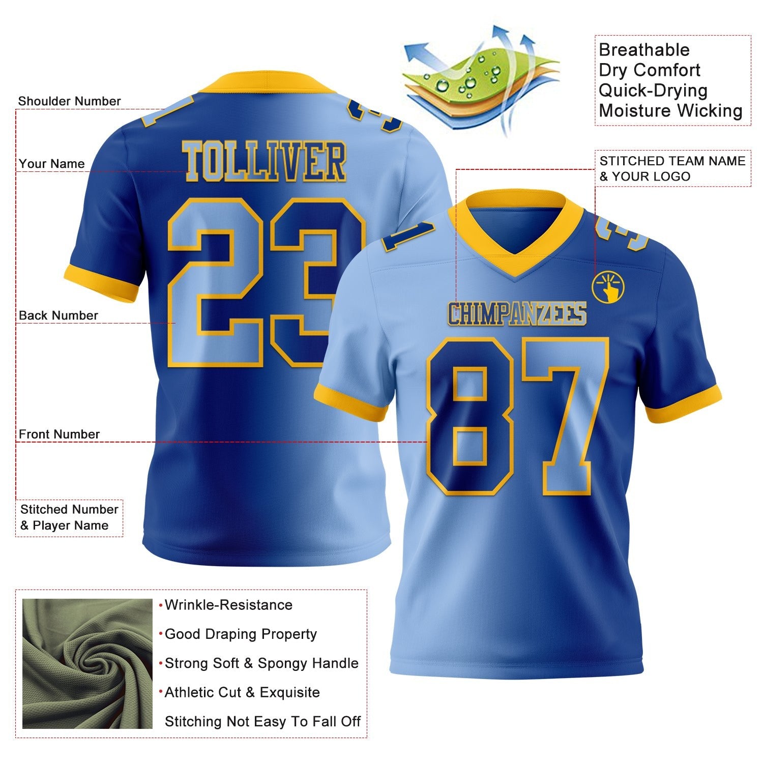 Custom Royal Light Blue-Gold Authentic Gradient Fashion Football Jersey photo 2