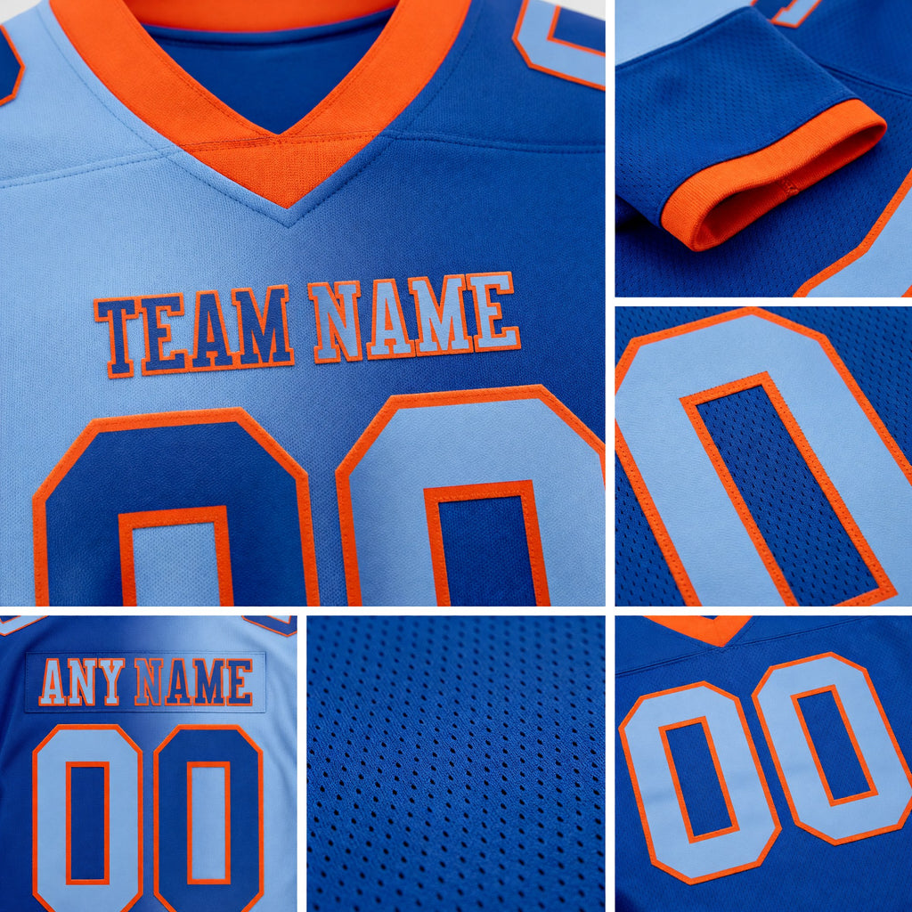 Custom Royal Light Blue-Orange Authentic Gradient Fashion Football Jersey detail