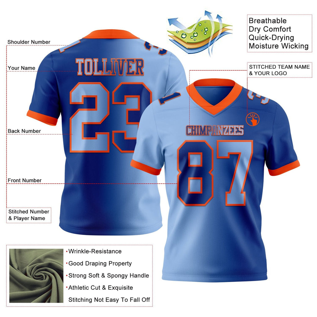 Custom Royal Light Blue-Orange Authentic Gradient Fashion Football Jersey photo 2