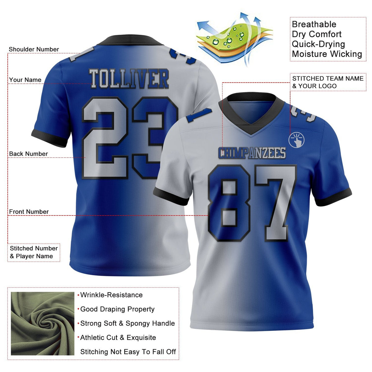 Custom Royal Gray-Black Authentic Gradient Fashion Football Jersey photo 2