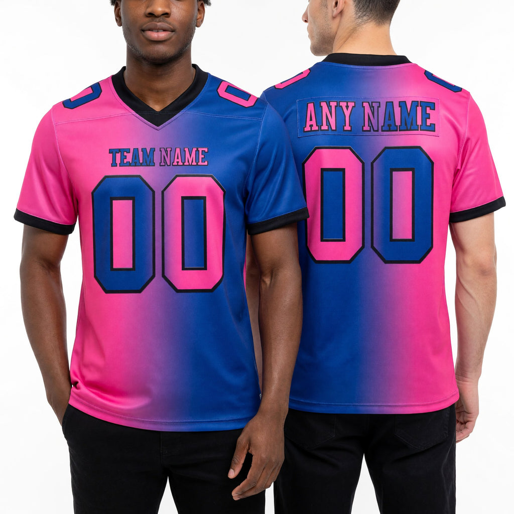 Custom Royal Pink-Black Authentic Gradient Fashion Football Jersey worn front and back