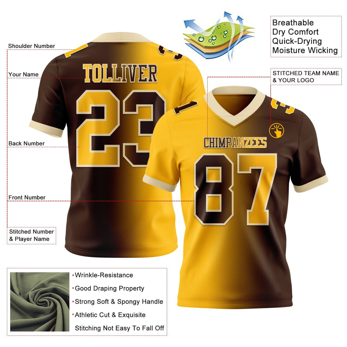 Custom Brown Gold-Cream Authentic Gradient Fashion Football Jersey photo 2