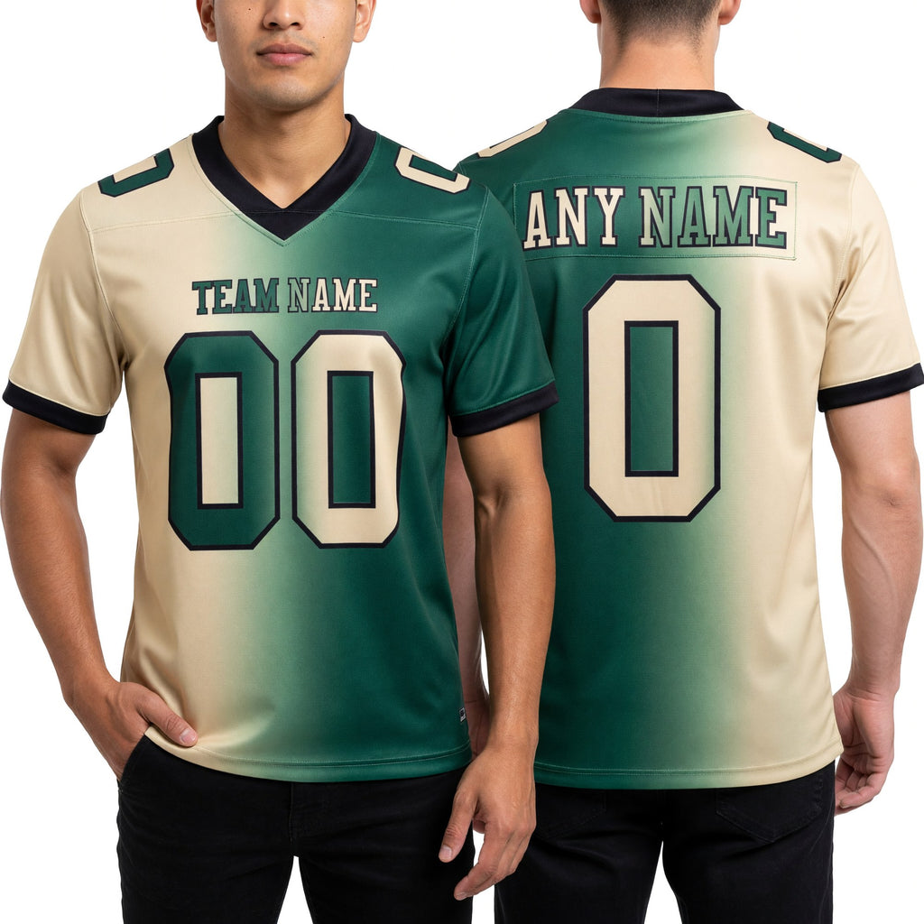 Custom Green Cream-Black Authentic Gradient Fashion Football Jersey worn front and back