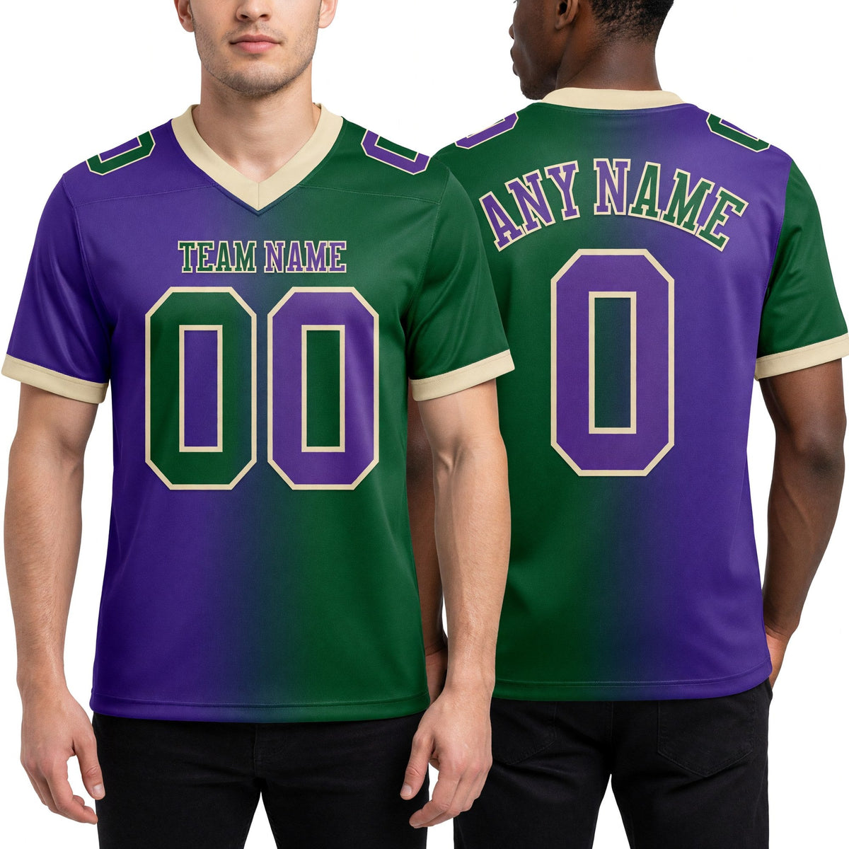 Custom Green Purple-Cream Authentic Gradient Fashion Football Jersey worn front and back