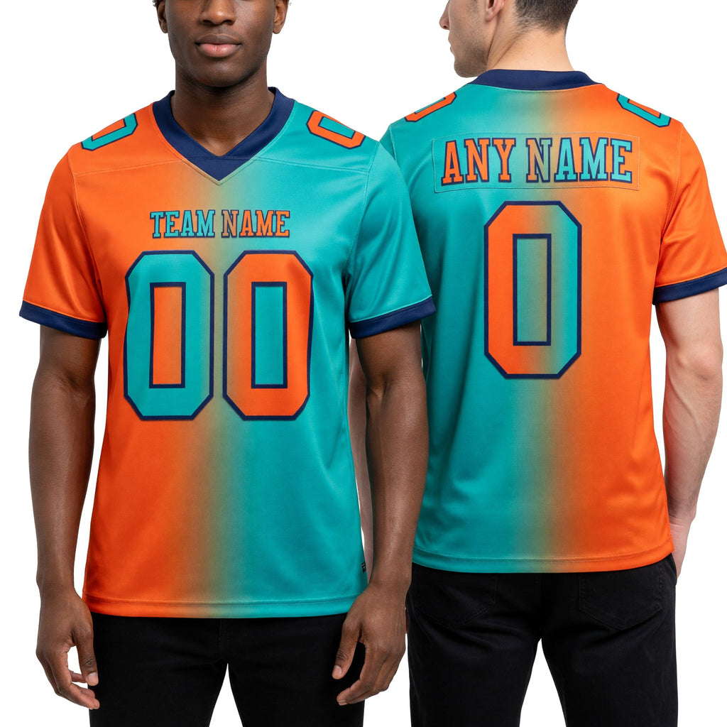 Custom Aqua Orange-Navy Authentic Gradient Fashion Football Jersey worn front and back