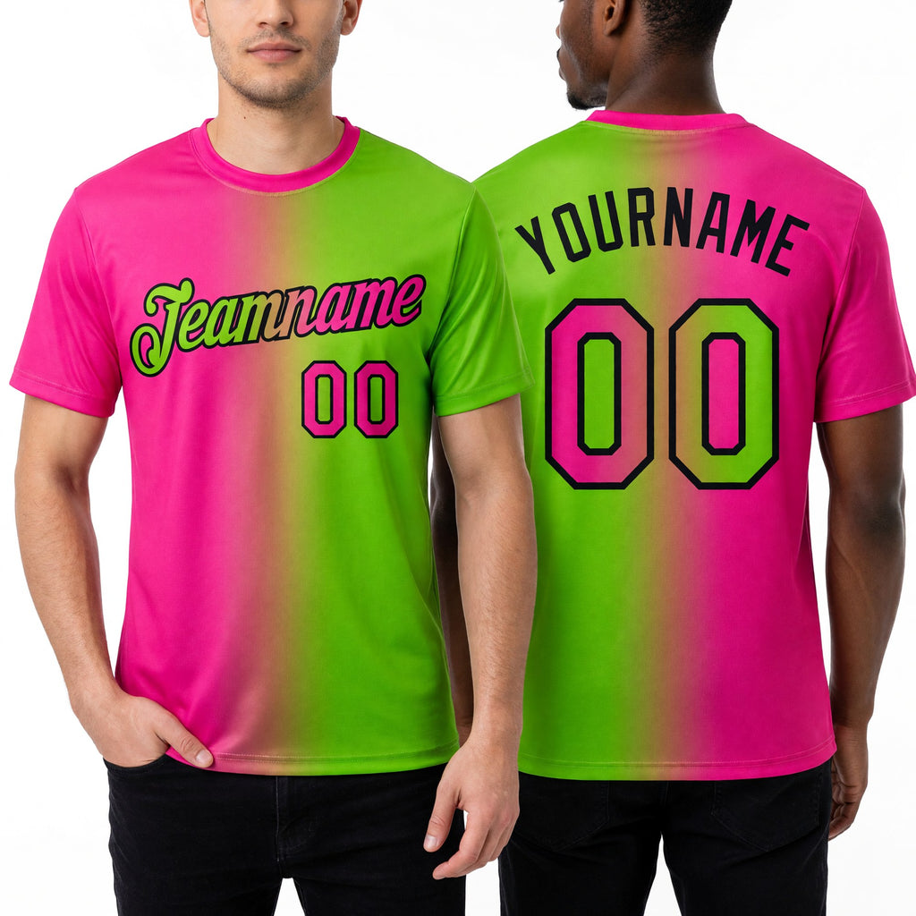 Custom Neon Green Pink-Black Gradient Fashion Performance T-Shirt worn front and back