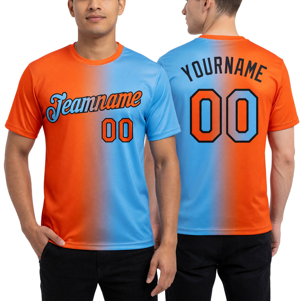 Custom Light Blue Orange-Black Gradient Fashion Performance T-Shirt worn front and back