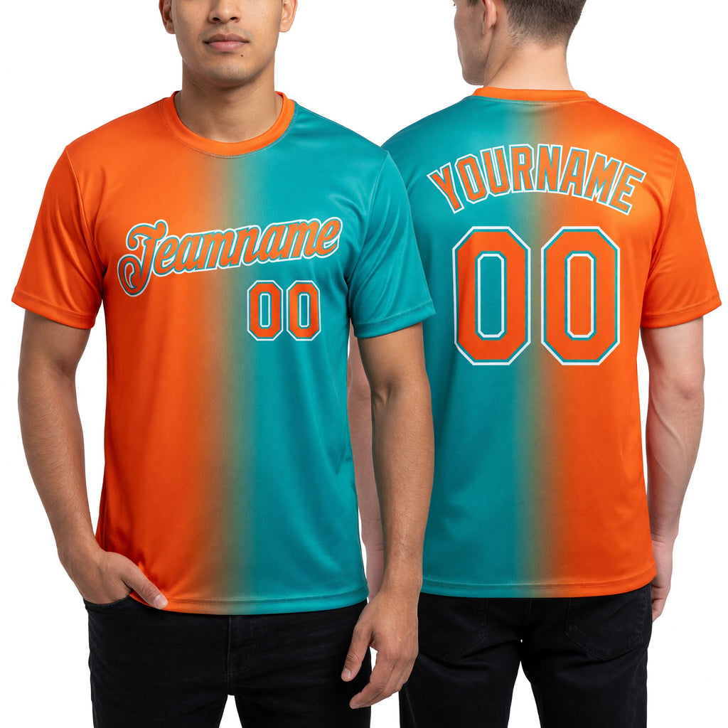 Custom Aqua Orange-White Gradient Fashion Performance T-Shirt worn front and back
