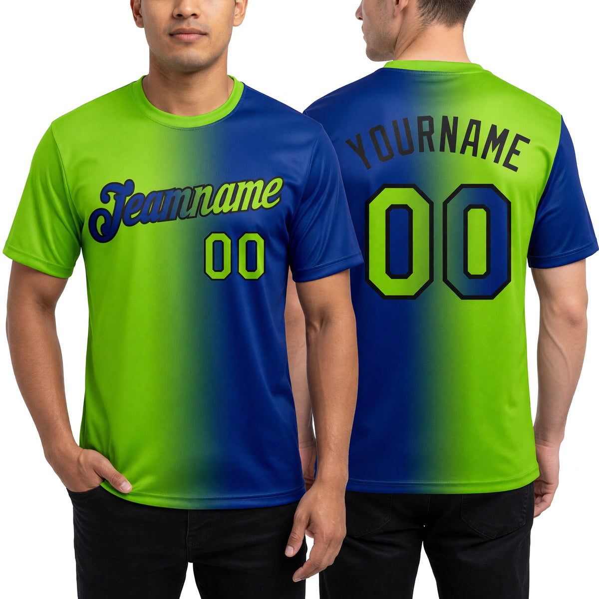 Custom Royal Neon Green-Black Gradient Fashion Performance T-Shirt worn front and back