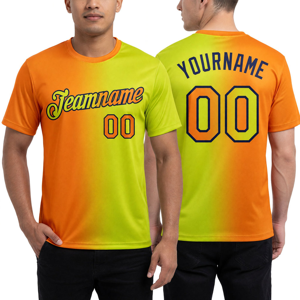 Custom Neon Yellow Bay Orange-Navy Gradient Fashion Performance T-Shirt worn front and back