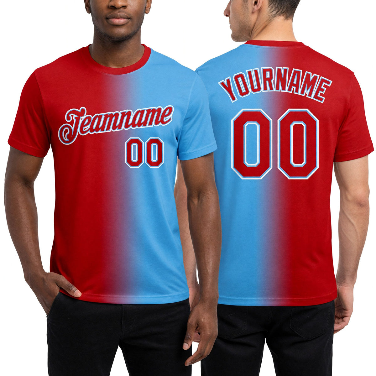Custom Light Blue Red-White Gradient Fashion Performance T-Shirt worn front and back
