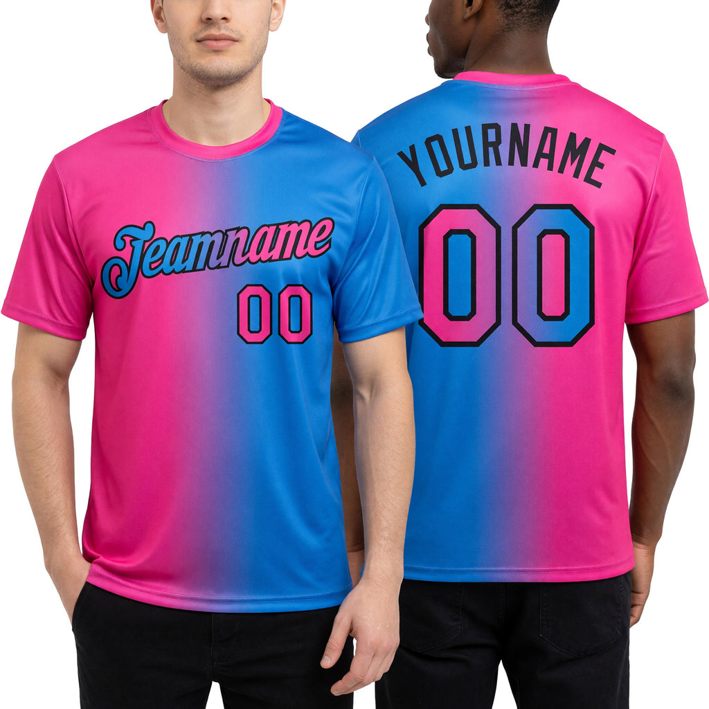 Custom Powder Blue Pink-Black Gradient Fashion Performance T-Shirt worn front and back