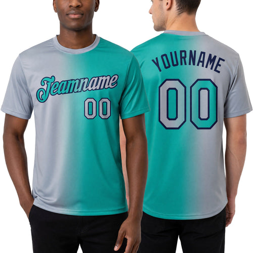 Custom Aqua Gray-Navy Gradient Fashion Performance T-Shirt worn front and back