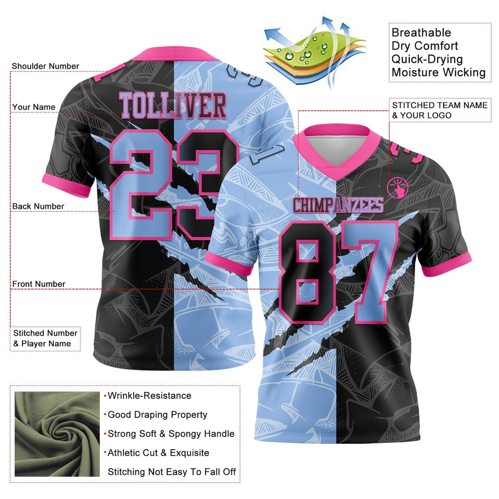 Custom Black Light Blue-Pink Authentic Gradient Fashion Scratch Football Jersey photo 3