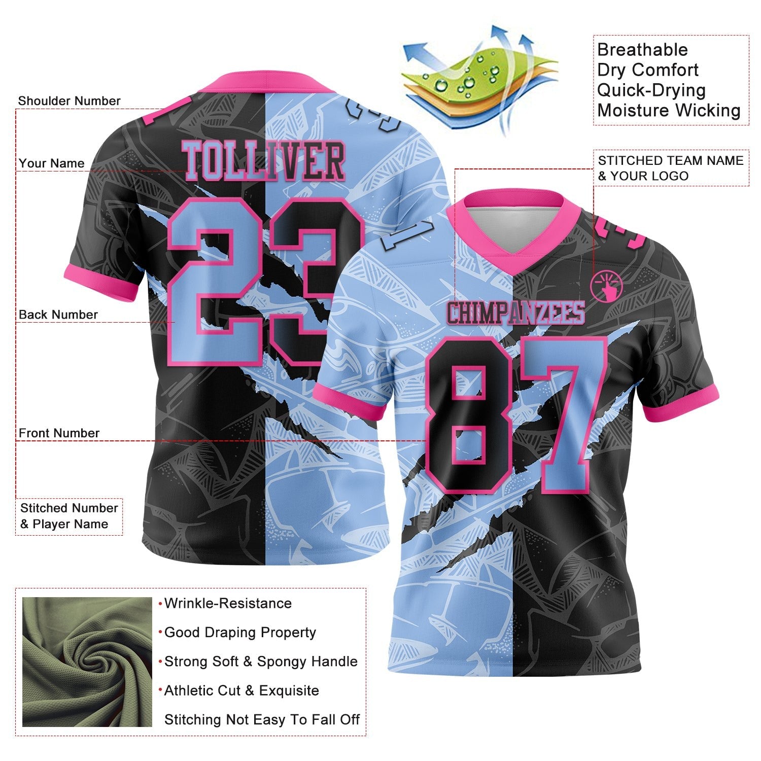 Custom Black Light Blue-Pink Authentic Gradient Fashion Scratch Football Jersey photo 3