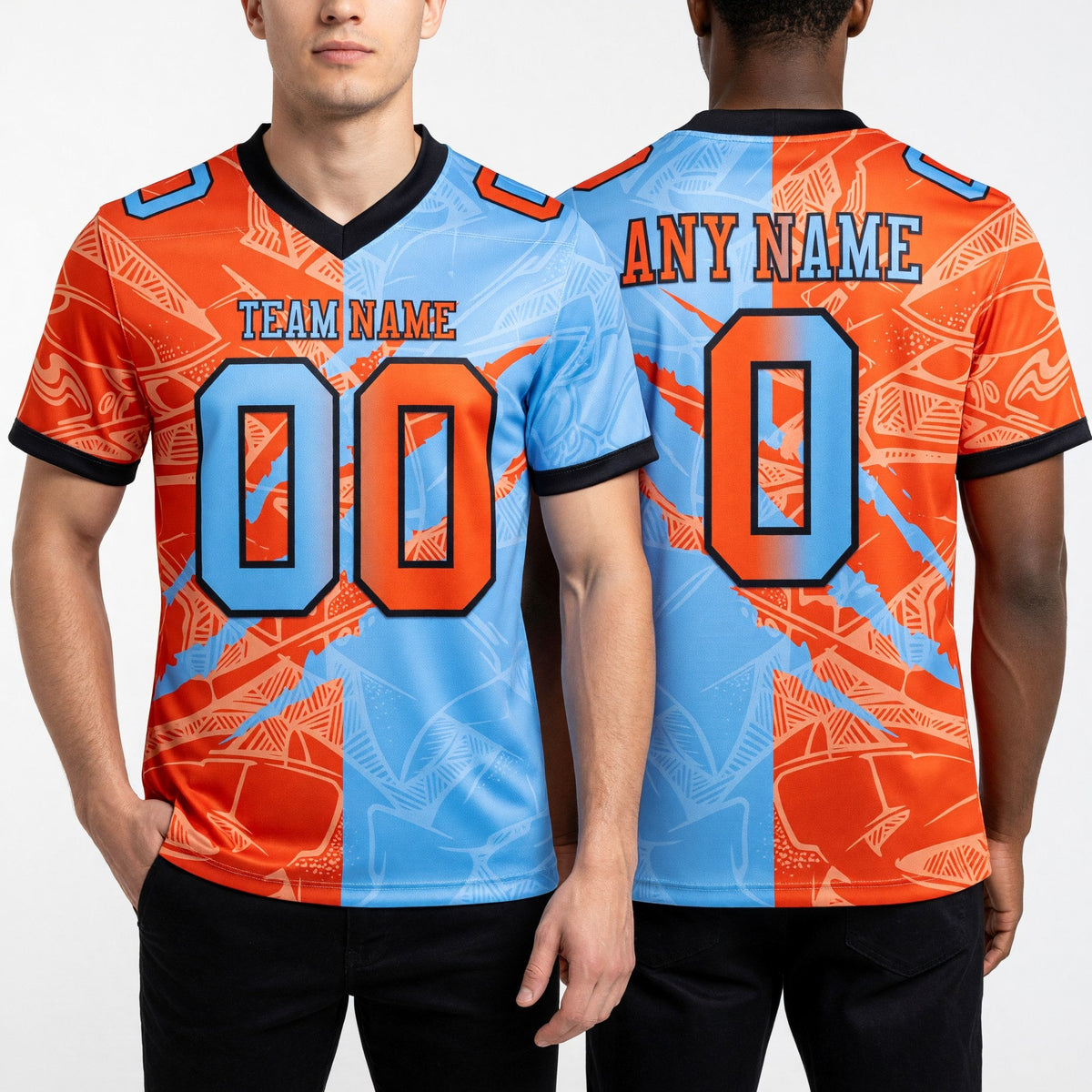 Custom Light Blue Orange-Black Authentic Gradient Fashion Scratch Football Jersey worn front and back