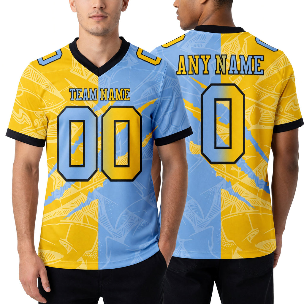 Custom Light Blue Yellow-Black Authentic Gradient Fashion Scratch Football Jersey worn front and back