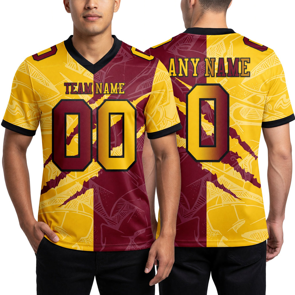 Custom Crimson Yellow-Black Authentic Gradient Fashion Scratch Football Jersey worn front and back