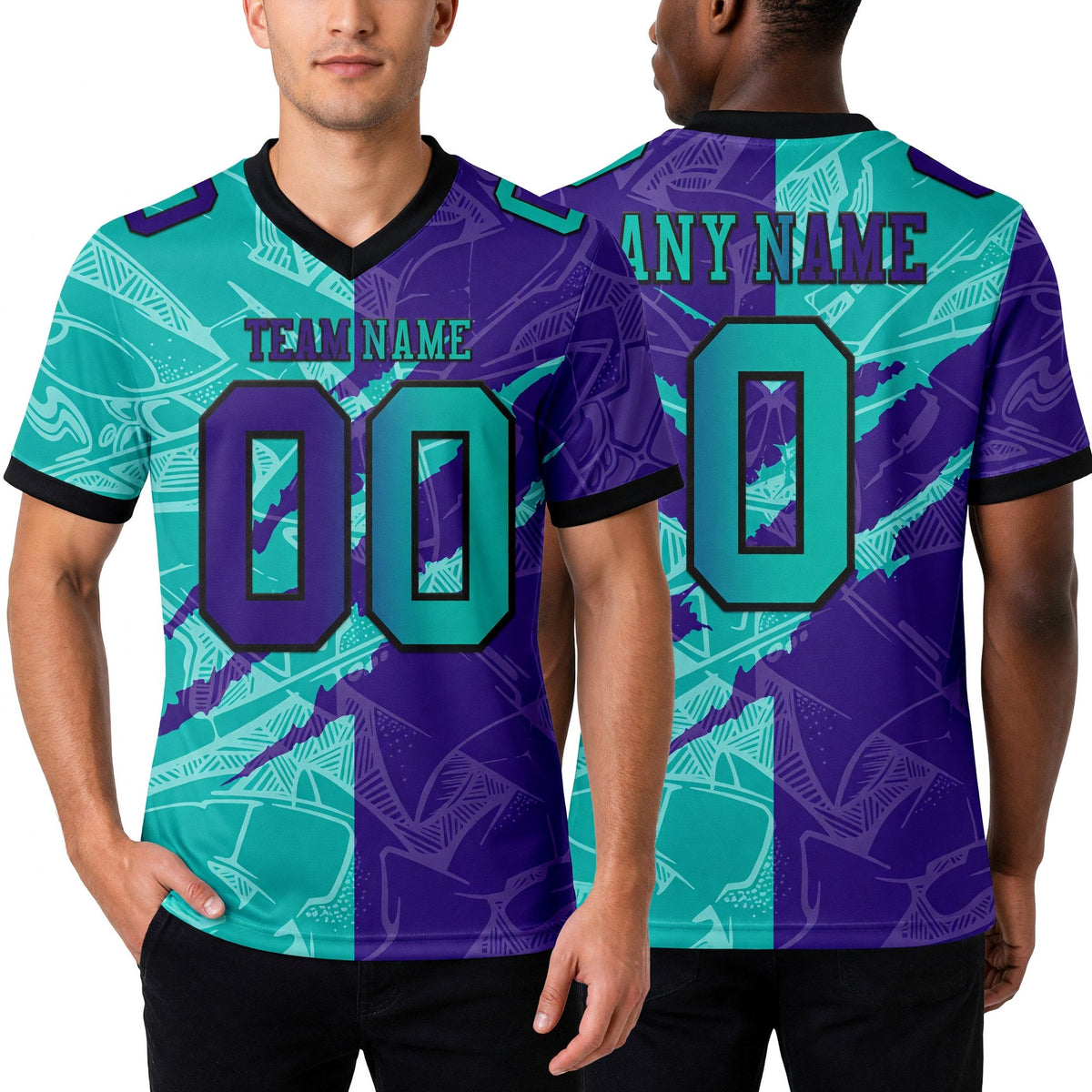 Custom Purple Aqua-Black Authentic Gradient Fashion Scratch Football Jersey worn front and back
