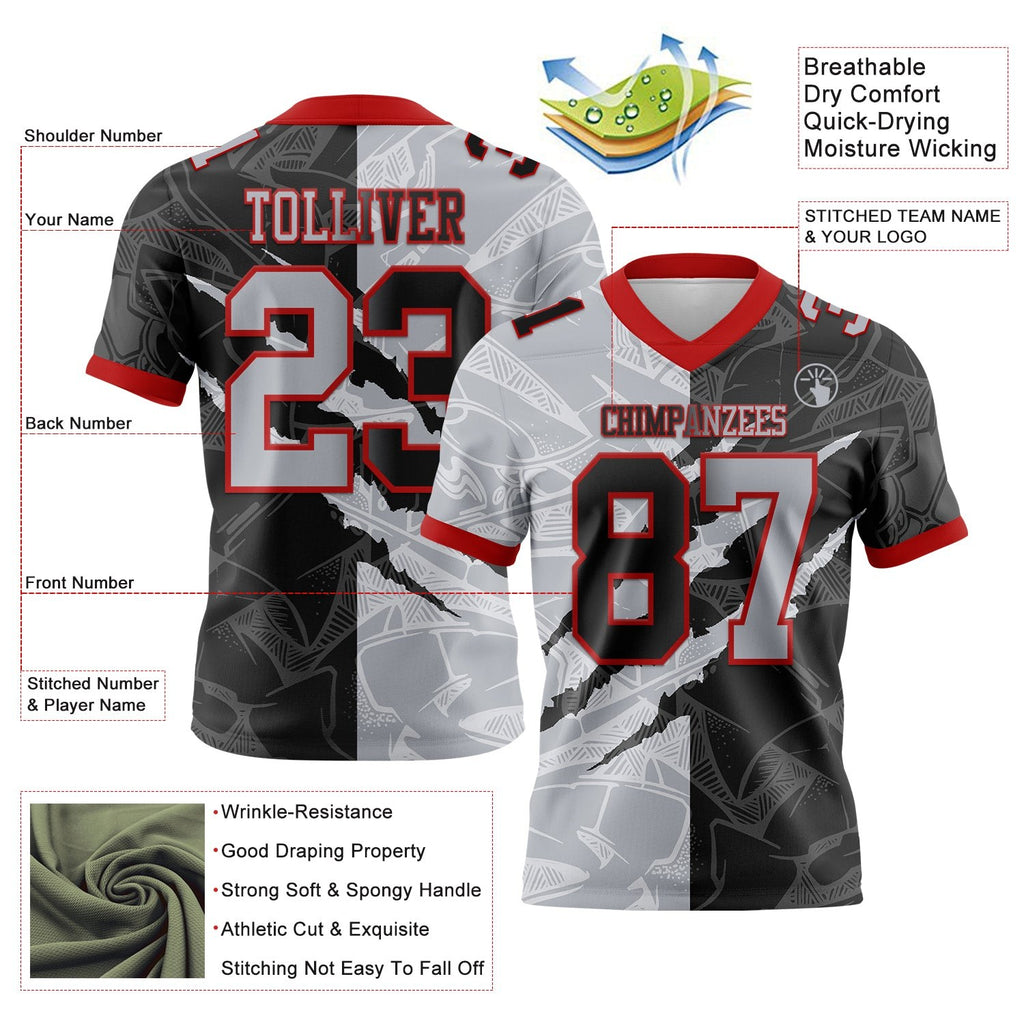Custom Black Gray-Red Authentic Gradient Fashion Scratch Football Jersey photo 3