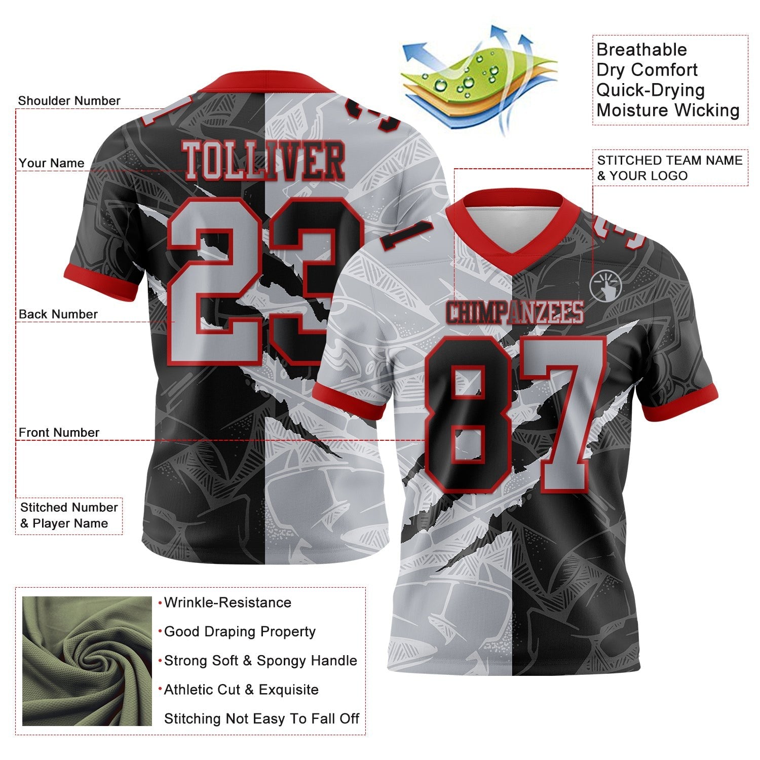 Custom Black Gray-Red Authentic Gradient Fashion Scratch Football Jersey photo 3