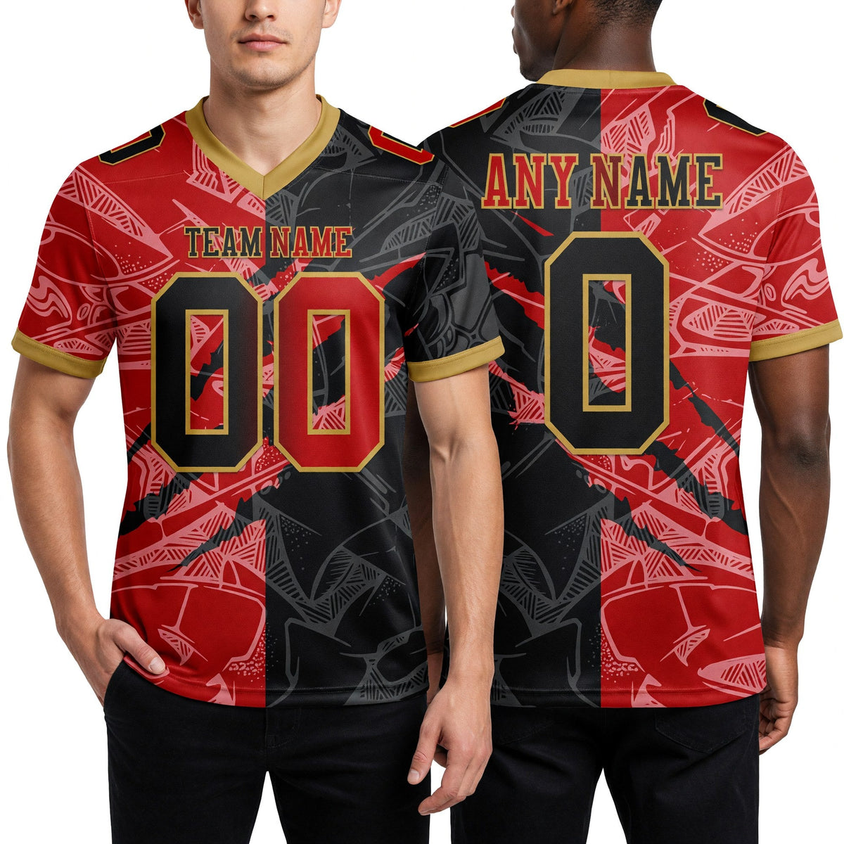 Custom Black Red-Old Gold Authentic Gradient Fashion Scratch Football Jersey worn front and back