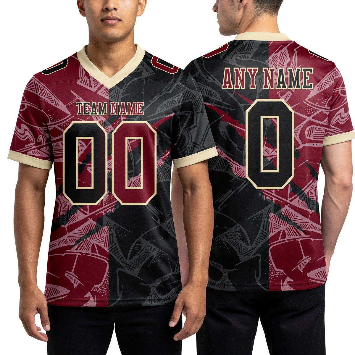 Custom Black Crimson-Cream Authentic Gradient Fashion Scratch Football Jersey worn front and back