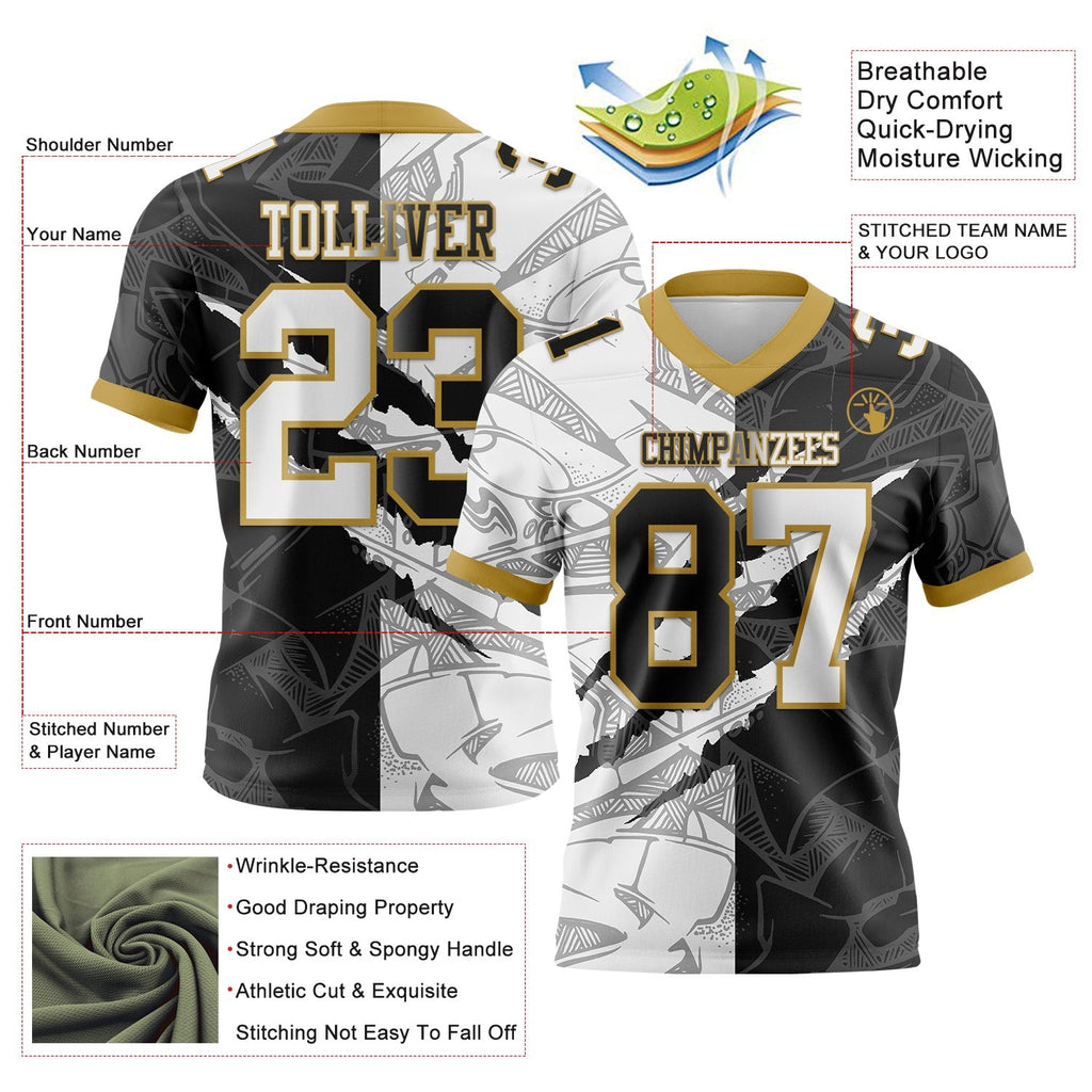 Custom Black White-Old Gold Authentic Gradient Fashion Scratch Football Jersey photo 3