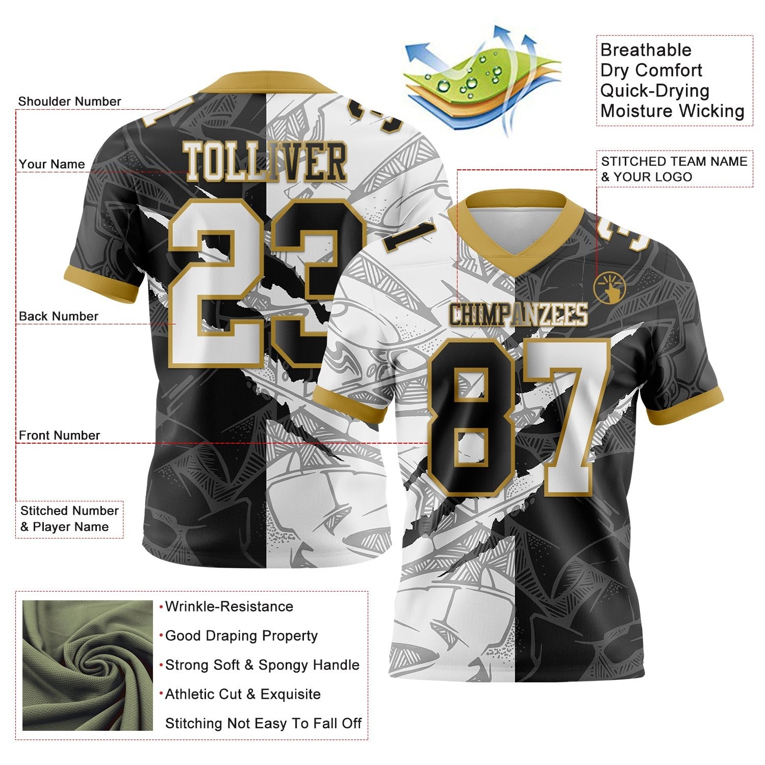 Custom Black White-Old Gold Authentic Gradient Fashion Scratch Football Jersey photo 3