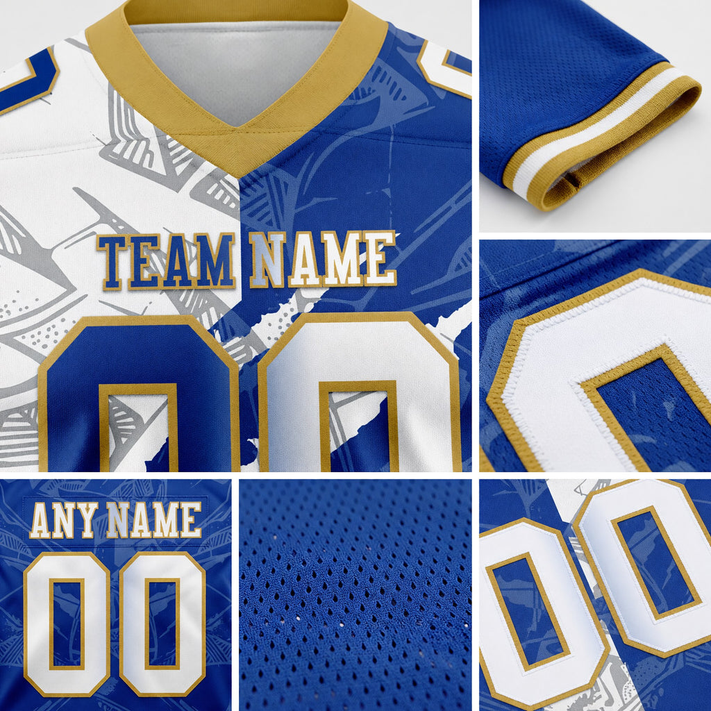 Custom Royal White-Old Gold Authentic Gradient Fashion Scratch Football Jersey detail