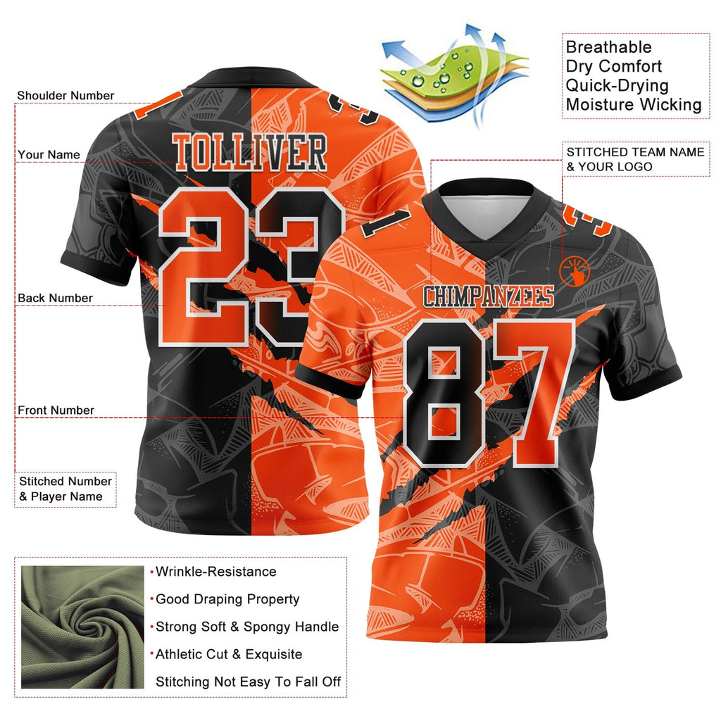 Custom Black Orange-White Authentic Gradient Fashion Scratch Football Jersey photo 3