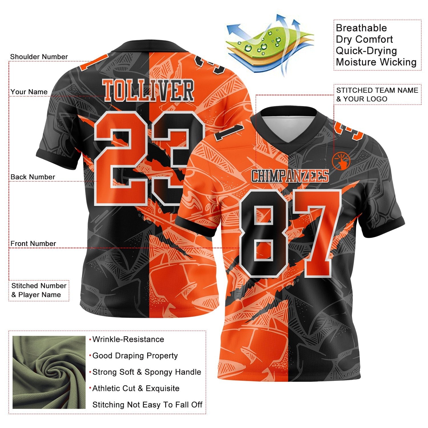 Custom Black Orange-White Authentic Gradient Fashion Scratch Football Jersey photo 3