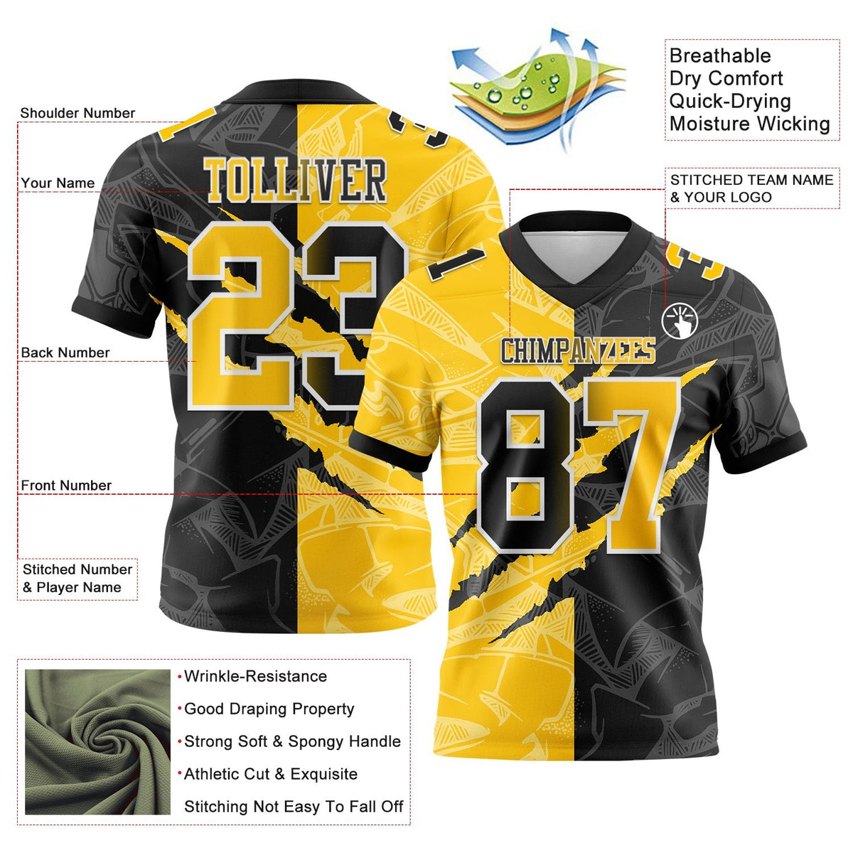 Custom Black Yellow-White Authentic Gradient Fashion Scratch Football Jersey photo 3